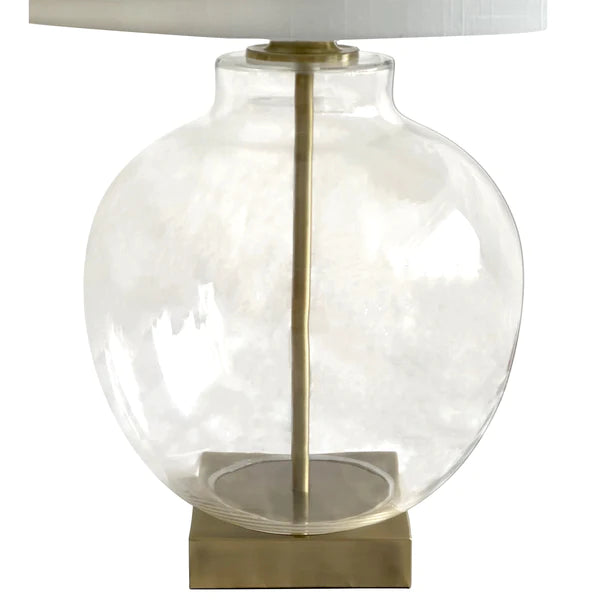 Round Glass and Antique Brass Lamp with White Linen Shade