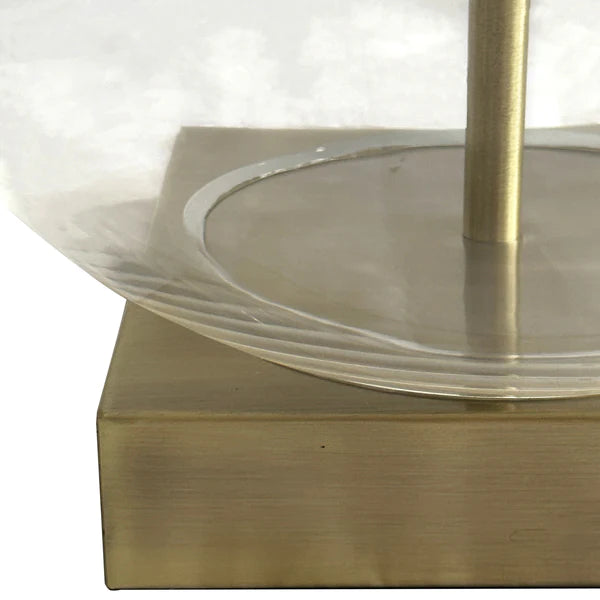 Round Glass and Antique Brass Lamp with White Linen Shade