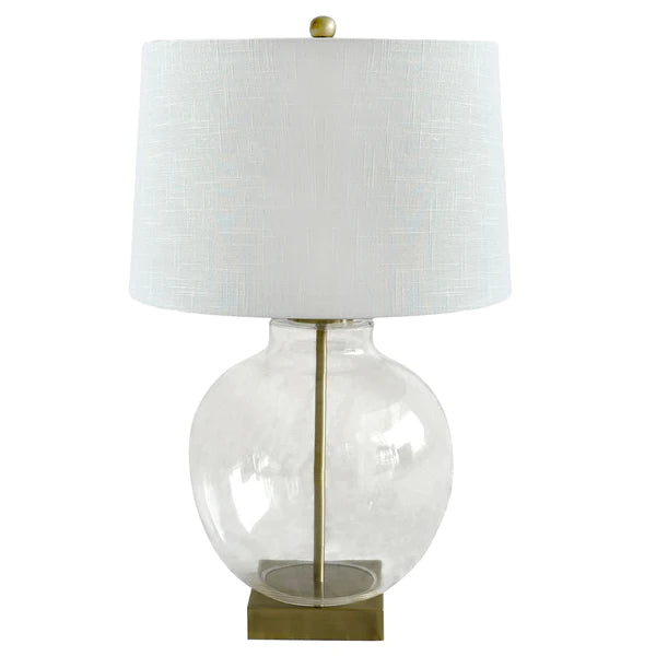 Round Glass and Antique Brass Lamp with White Linen Shade