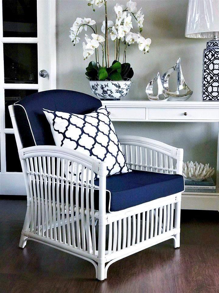 Hamptons White & Navy Rattan Armchair