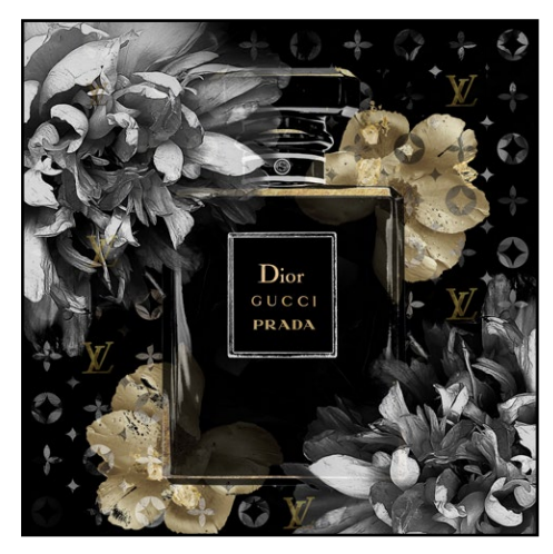 Extra Large Gold Embellished Perfume Bottle Designer Print In Black Gloss Frame