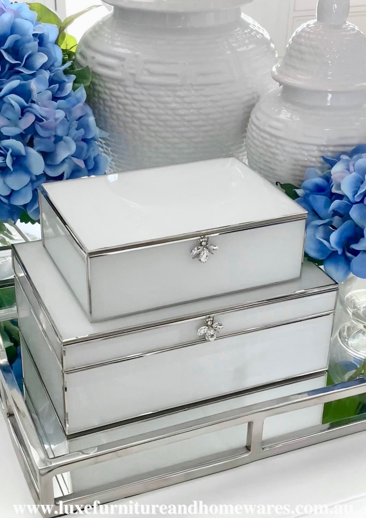 Set Of Two White Glass Bee Boxes