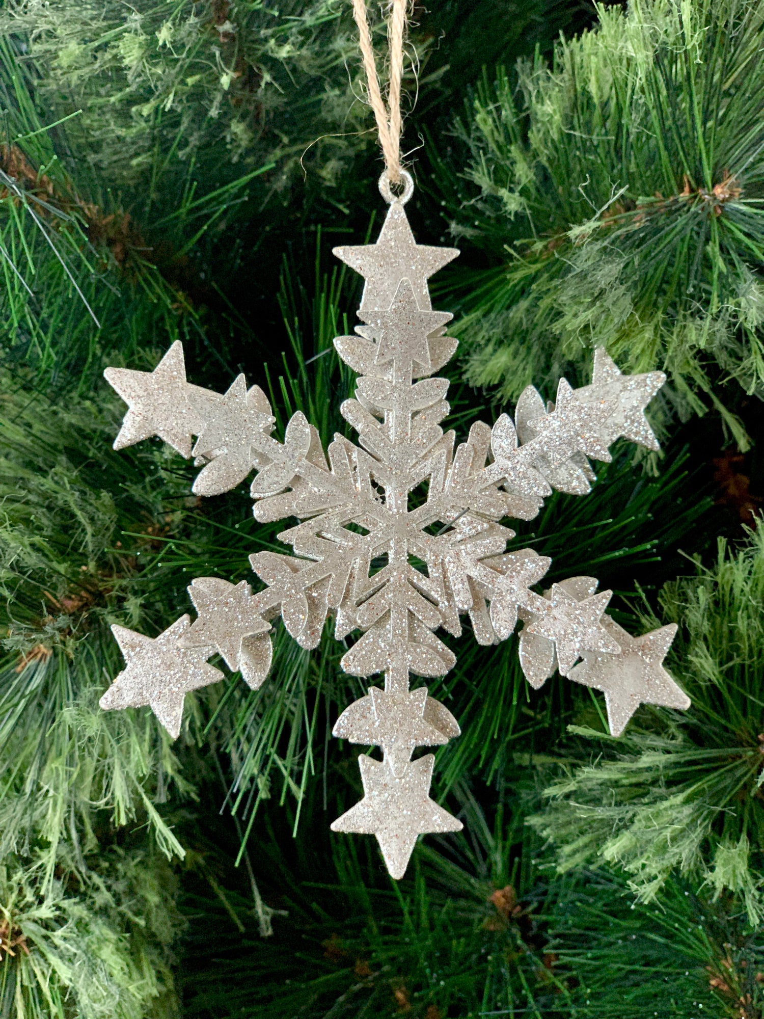 Set Of Three Silver Star Snowflake Christmas Ornaments