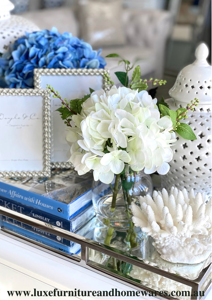 Small White Hydrangea And Berry Mix In Glass Vase