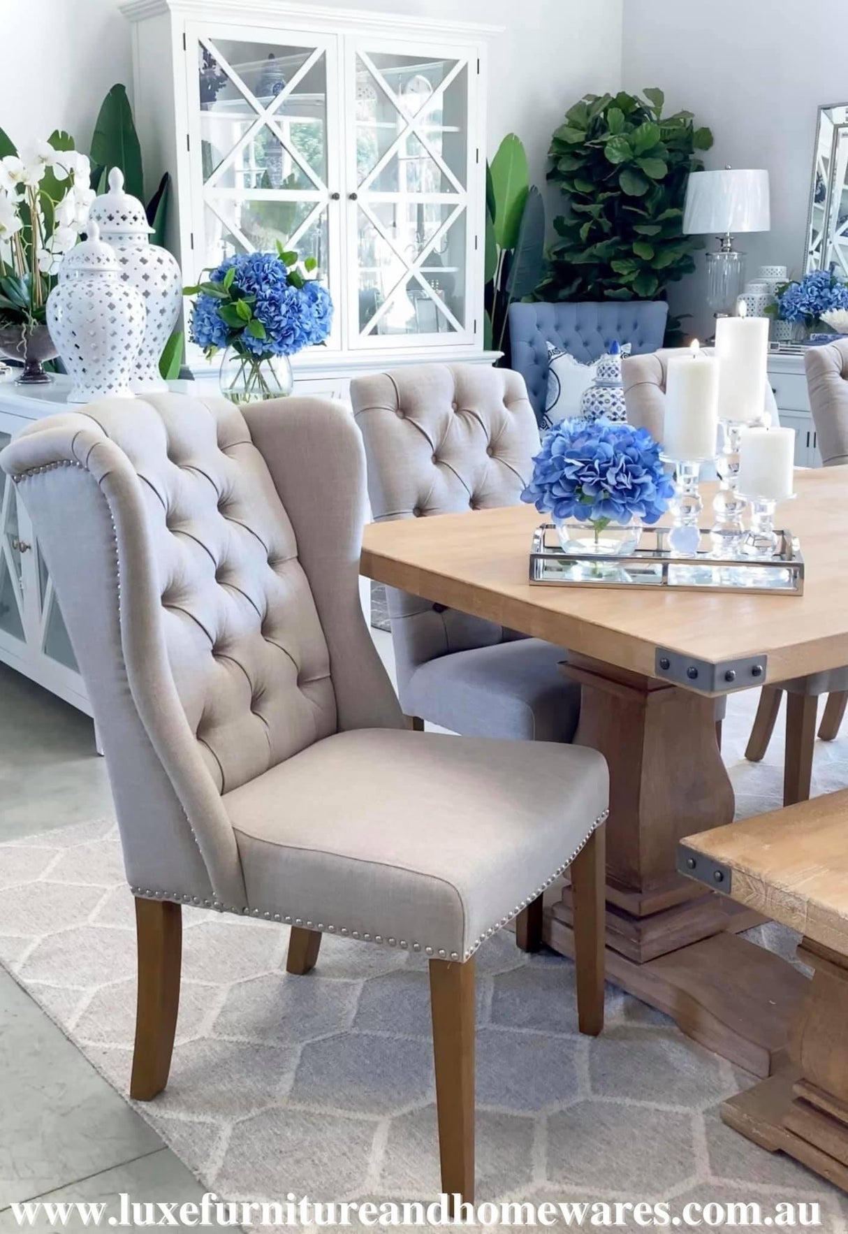 Ex-Display Pair Of Beige Linen Button Tufted High Back Wing Chairs