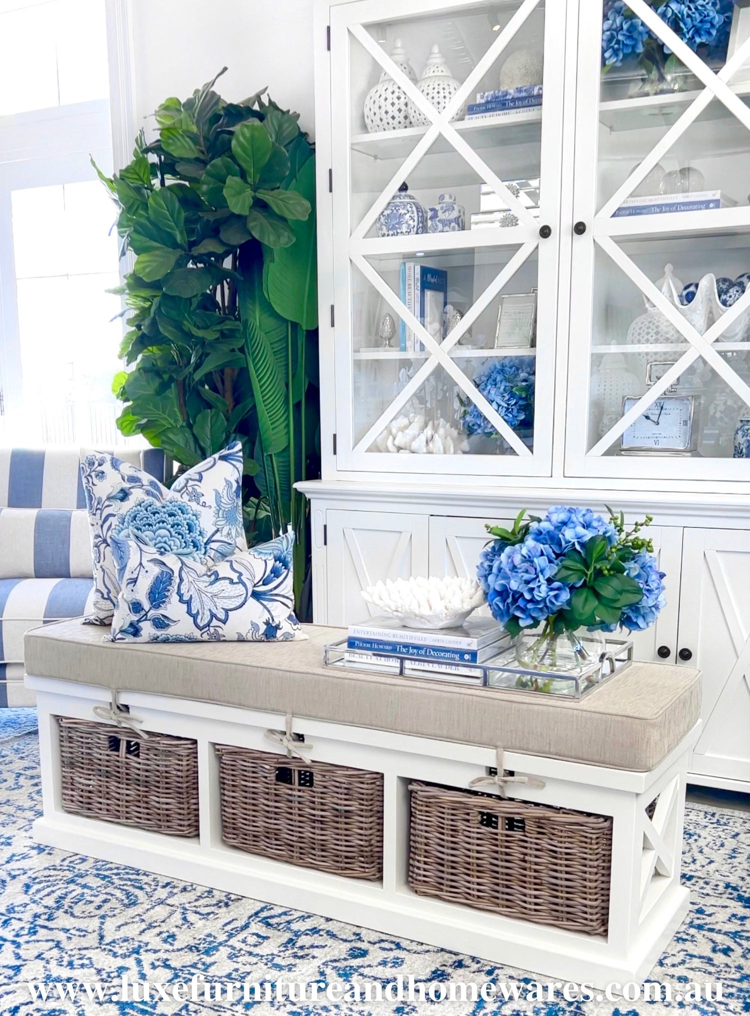 Ottoman Storage Seat With Cushion & Rattan Baskets