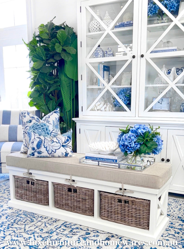 Ottoman Storage Seat With Cushion & Rattan Baskets - PREORDER
