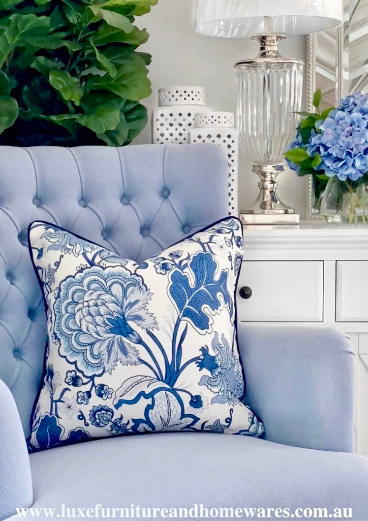Luxury Bloom Cushion with Navy Piping 55cm x 55cm