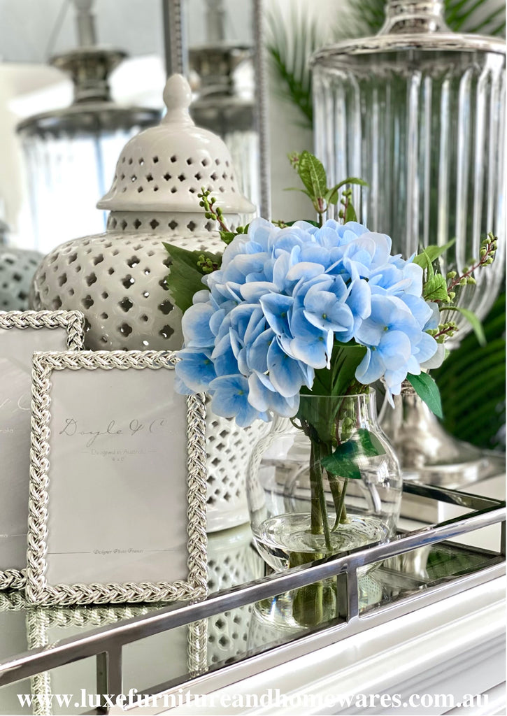 Small Blue Hydrangea And Berry Mix In Glass Vase