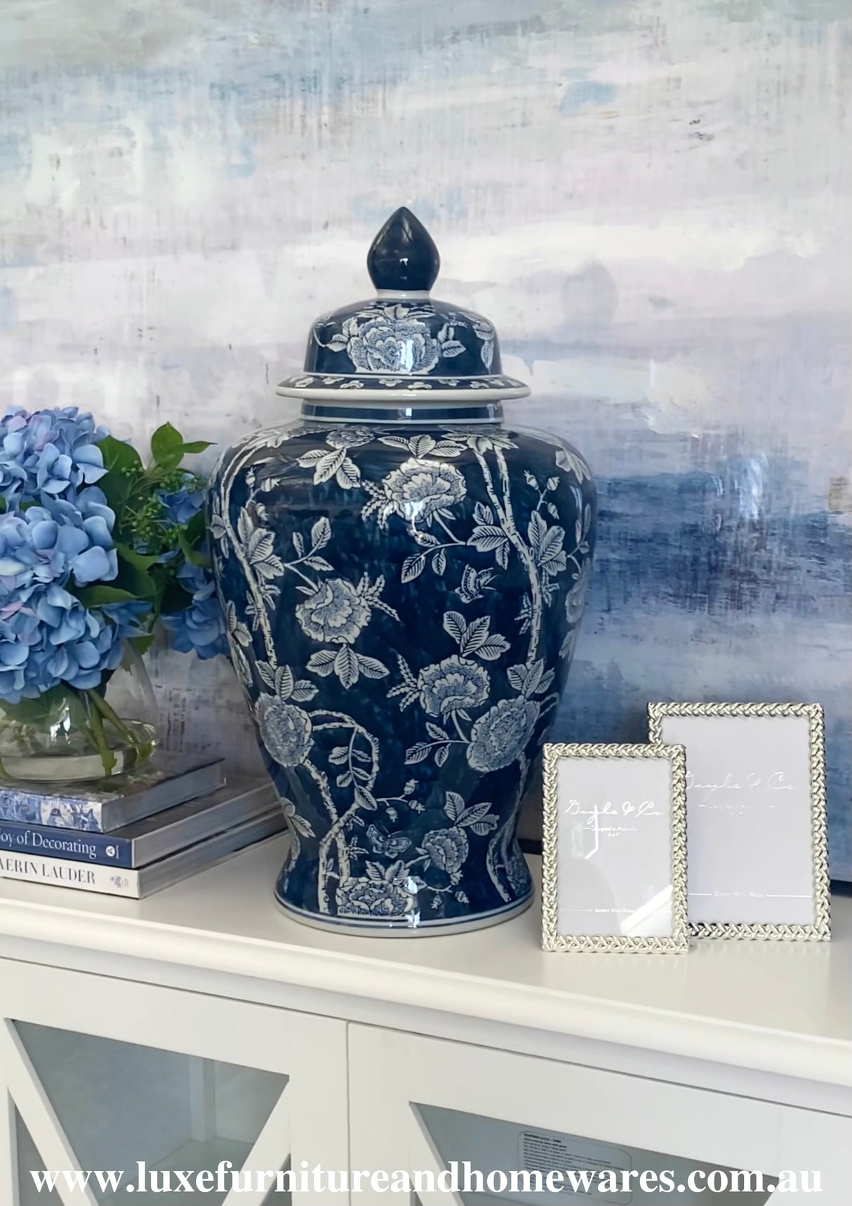 Large Dark Blue & White Floral Ginger Jar - PICKUP ONLY WA WAREHOUSE