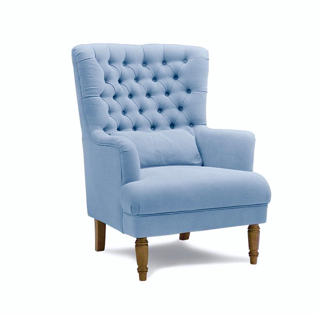 Chesterfield Winged Armchair In Blue Linen - PREORDER FOR 2024