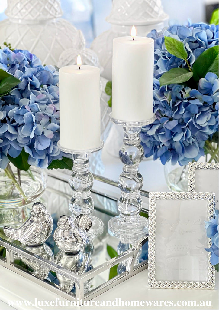 Pair Of Glass Candle Sticks With White Flameless Candles