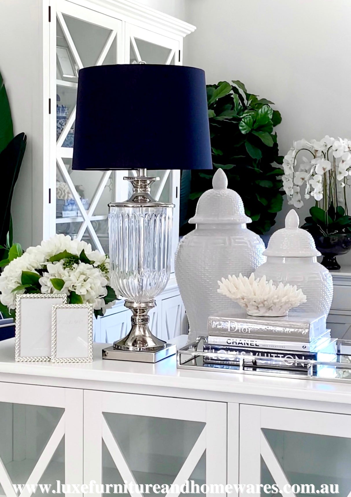 Luxurious Glass Nickel Lamp with Black Linen Shade