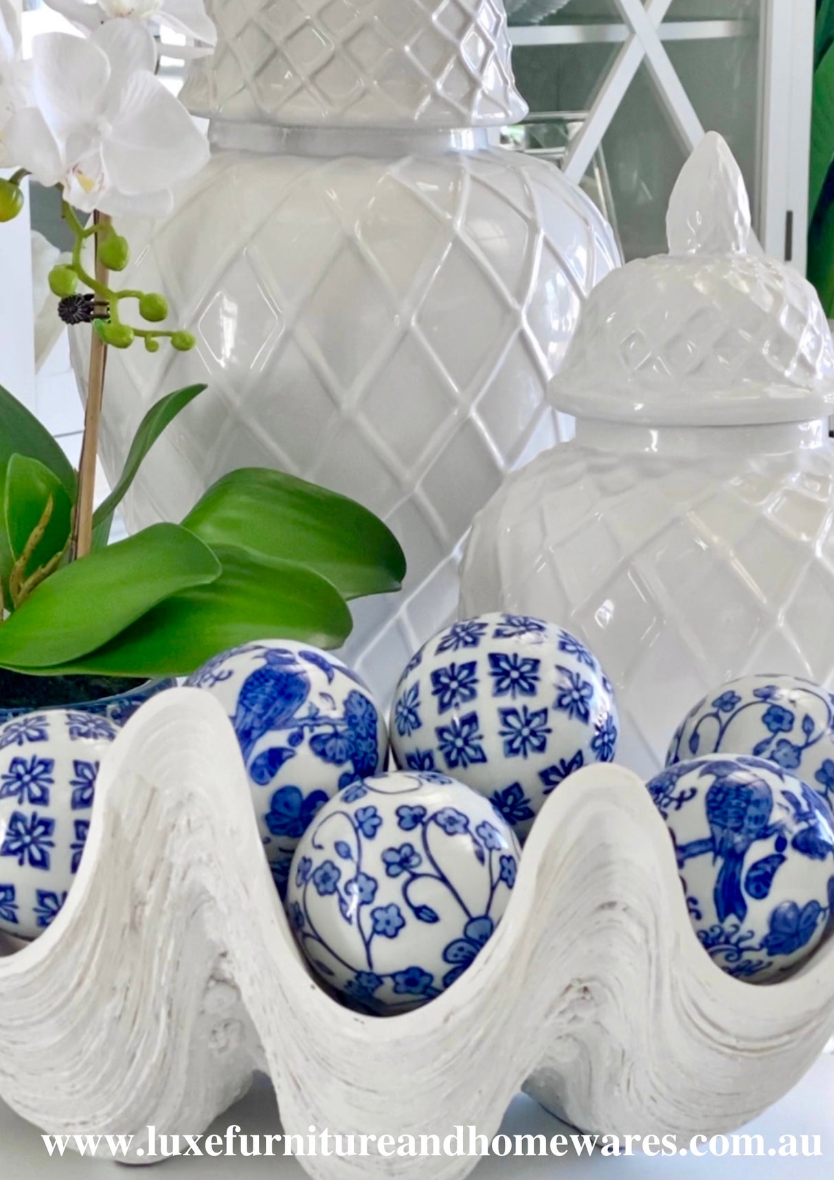 Blue & White Set of Six Motif Decorator Balls