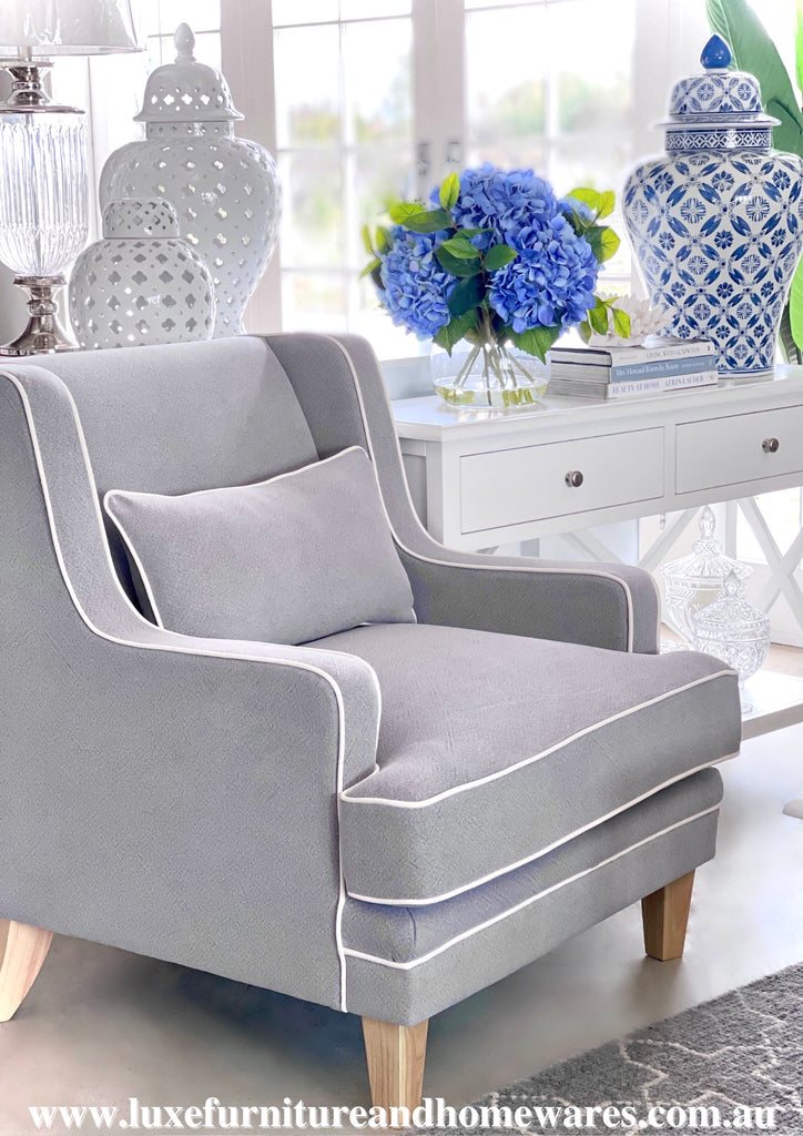 Newport Armchair In Classic Grey With White Piping