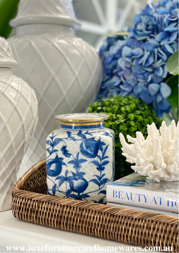 Blue & White Peach Pattern Square Jar With Gold Trim