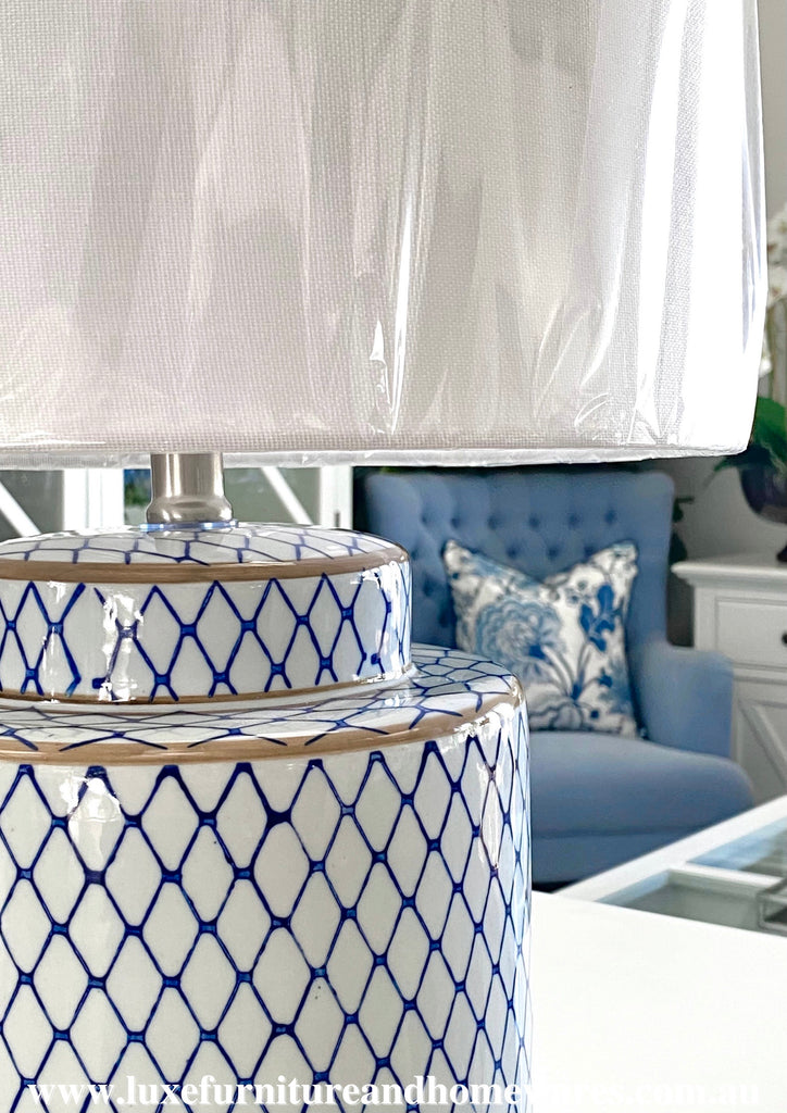 Small Blue & White Lattice Lamp with White Shade