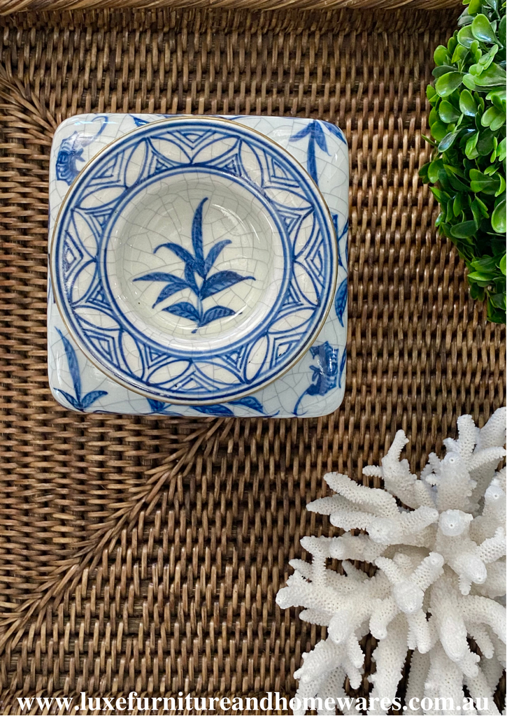 Blue & White Peach Pattern Square Jar With Gold Trim