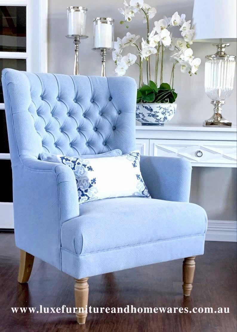 Chesterfield Winged Armchair In Blue Linen