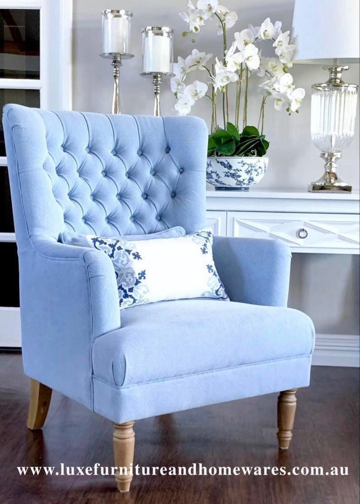 Chesterfield Winged Armchair In Blue Linen - PREORDER FOR 2024