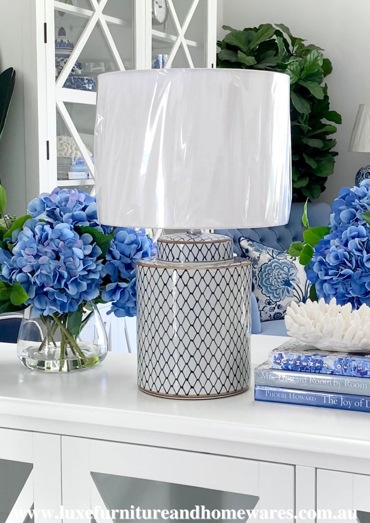Small Blue & White Lattice Lamp with White Shade