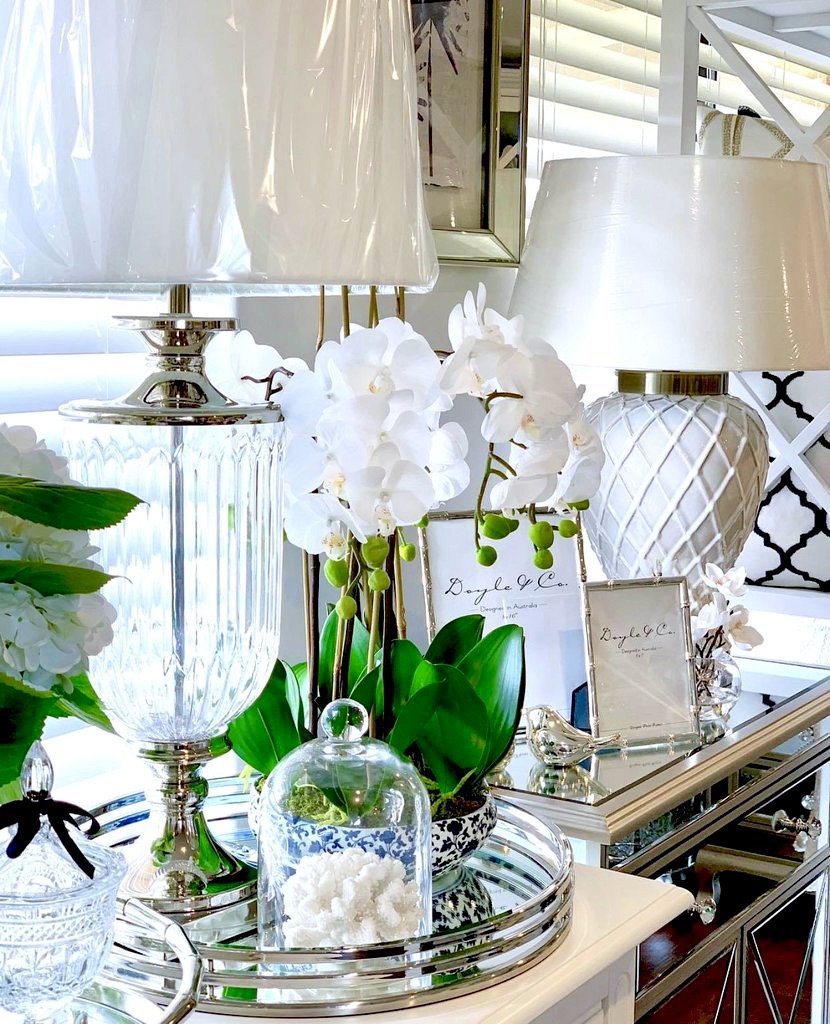 Luxurious Glass Nickel Lamp With White Linen Shade - PREORDER