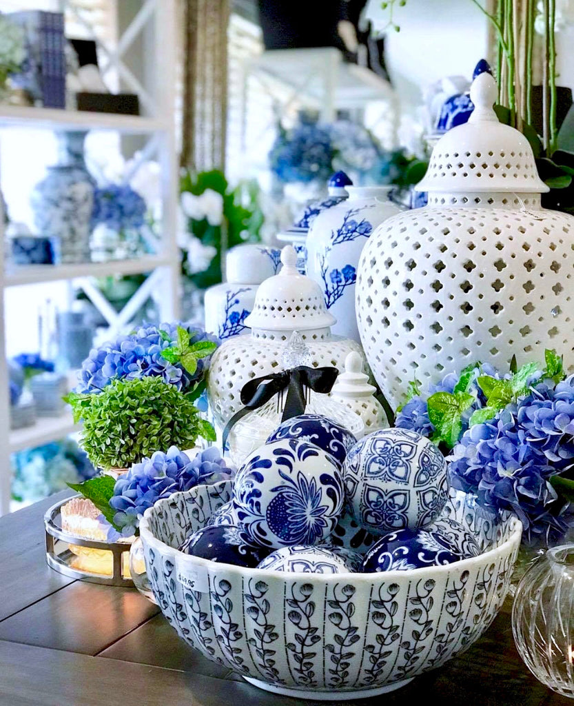 Blue & White Set of Four Decorator Balls