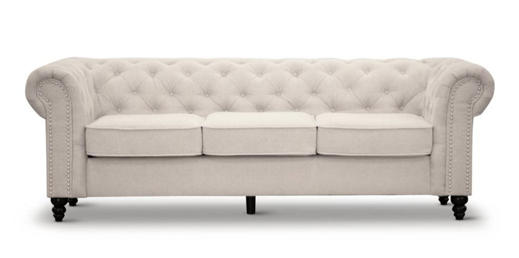 Royal Beige Linen Two & Three Seater Chesterfield Sofas With Silver Studs