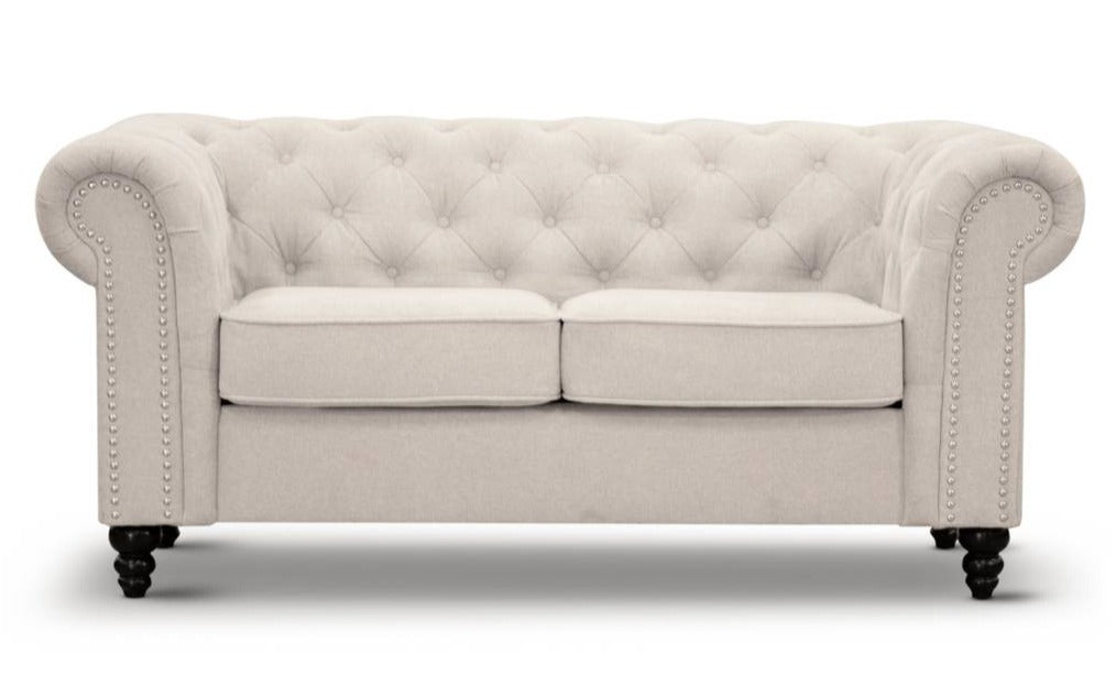 Royal Beige Linen Two Seater Chesterfield Sofa With Silver Studs