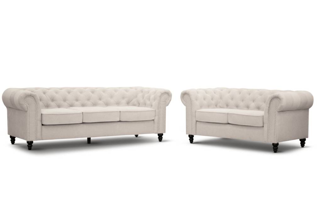 Royal Beige Linen Two & Three Seater Chesterfield Sofas With Silver Studs