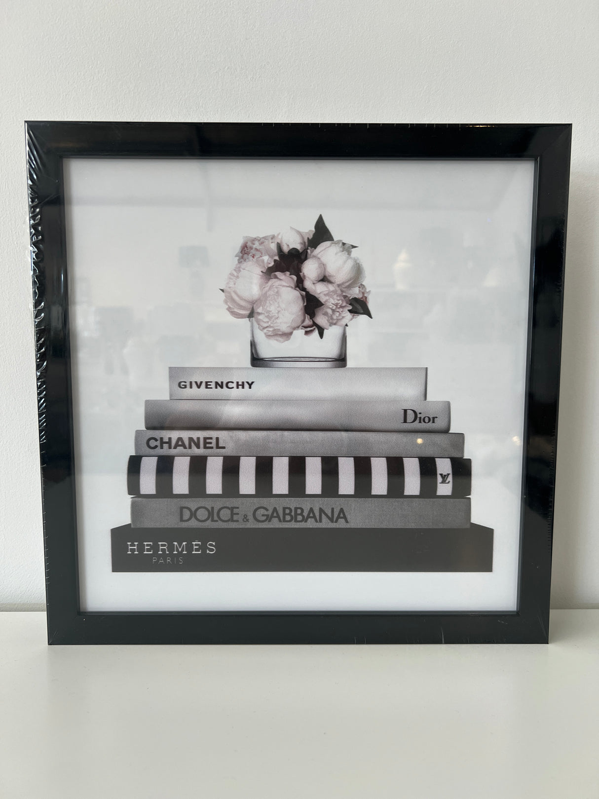 Small Fashion Stack Pink Peony Black Gloss Framed Designer Print