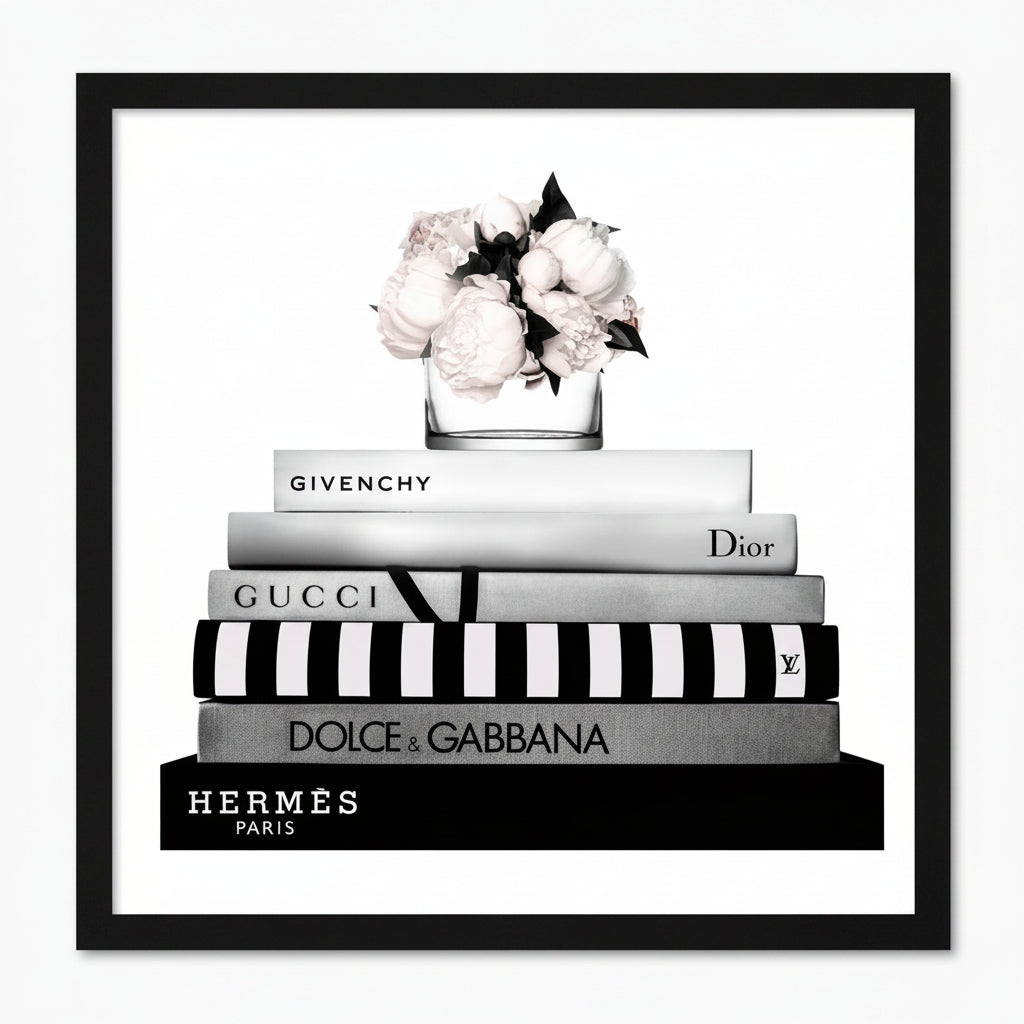 Small Fashion Stack Pink Peony Black Gloss Framed Designer Print