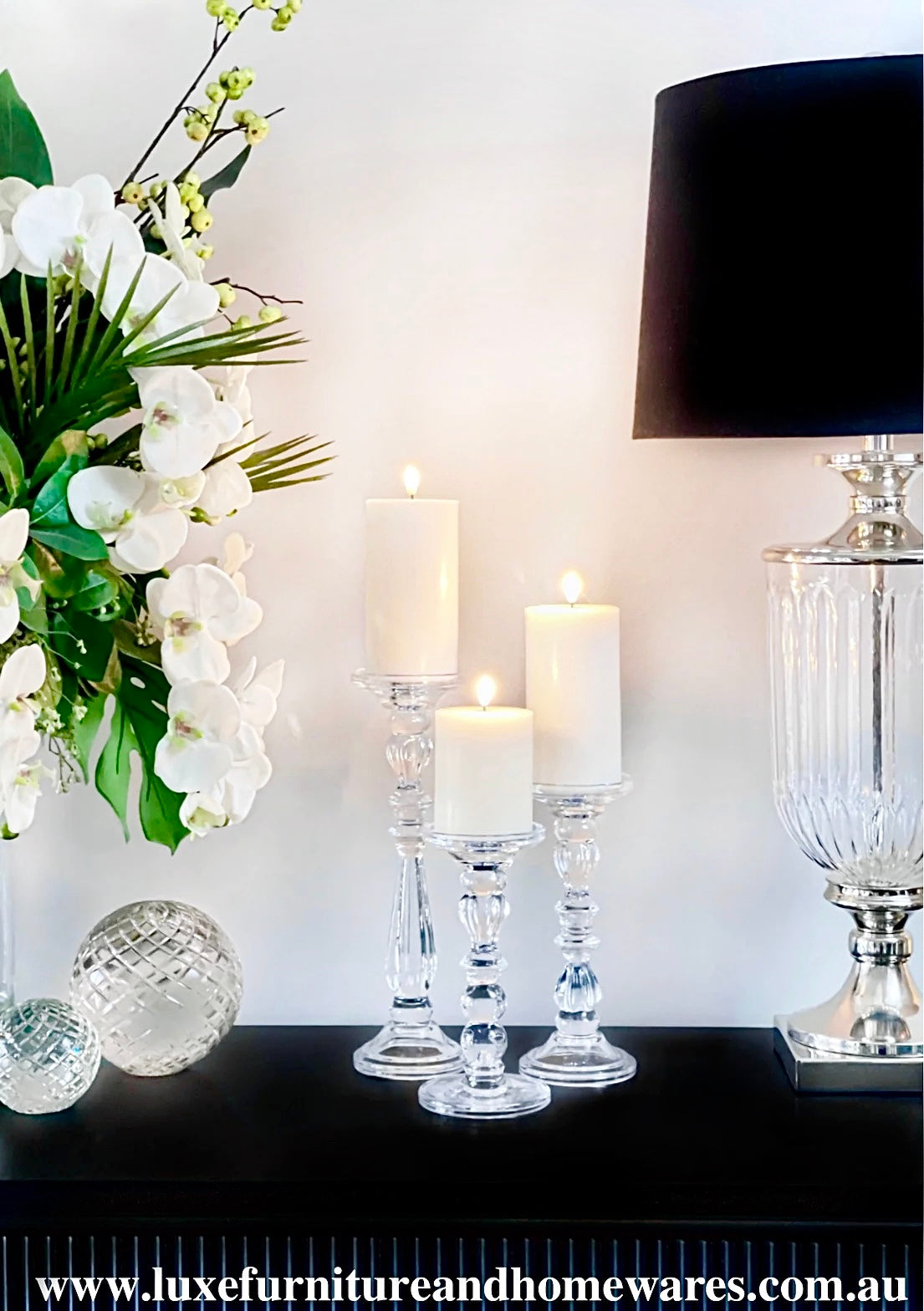 Set Of 3 Glass Pillar Candle Sticks with Flameless Candles