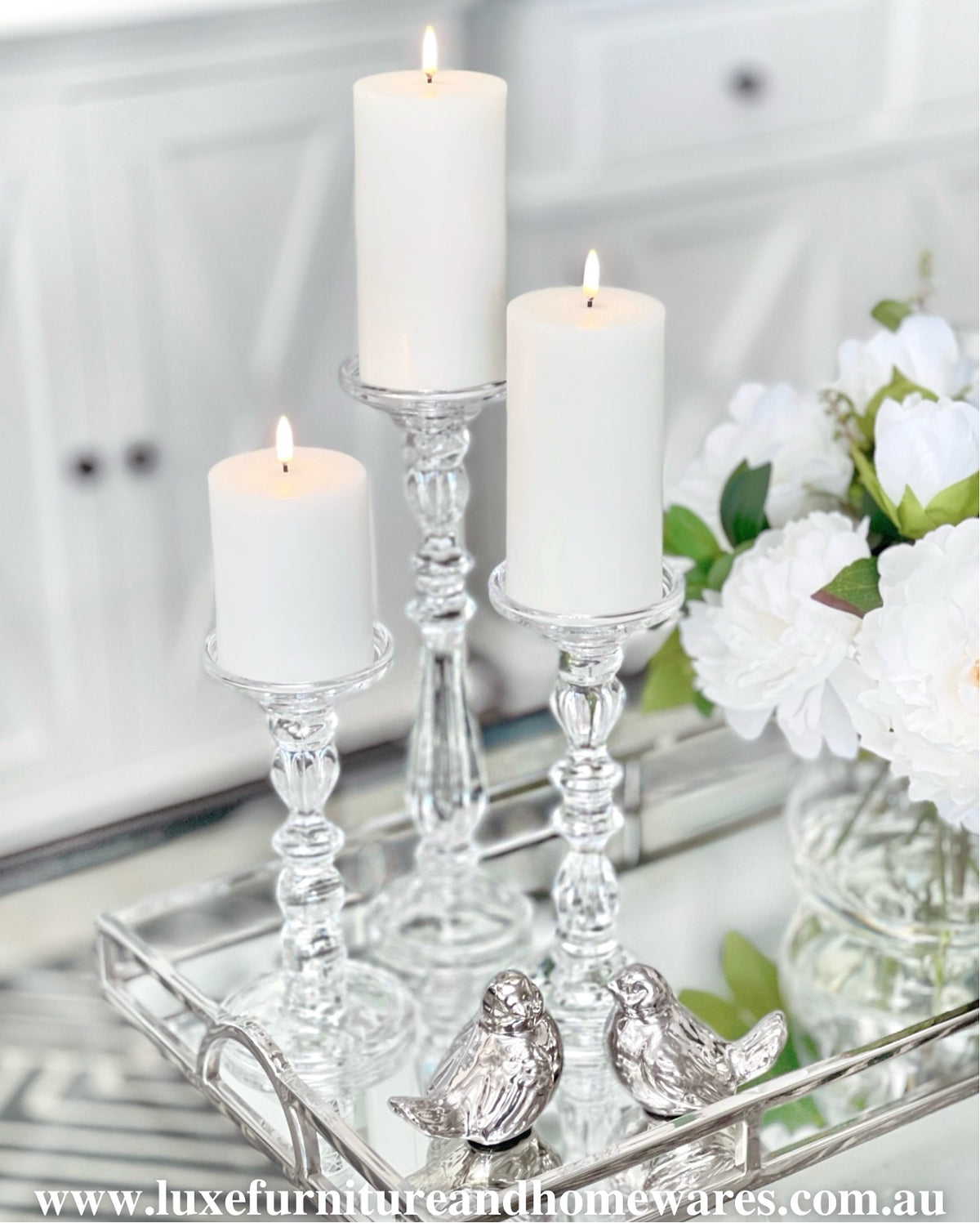 Set Of 3 Glass Pillar Candle Sticks with Flameless Candles LUXE