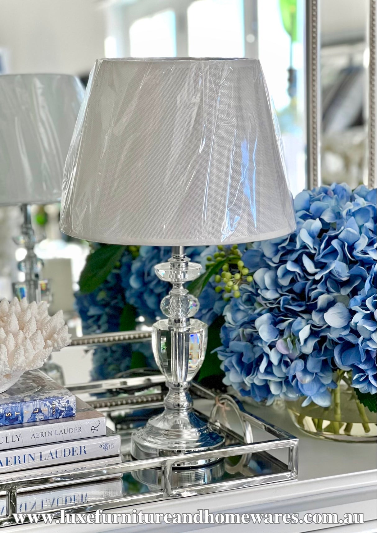 Small Crystal Lamp with White Linen Shade
