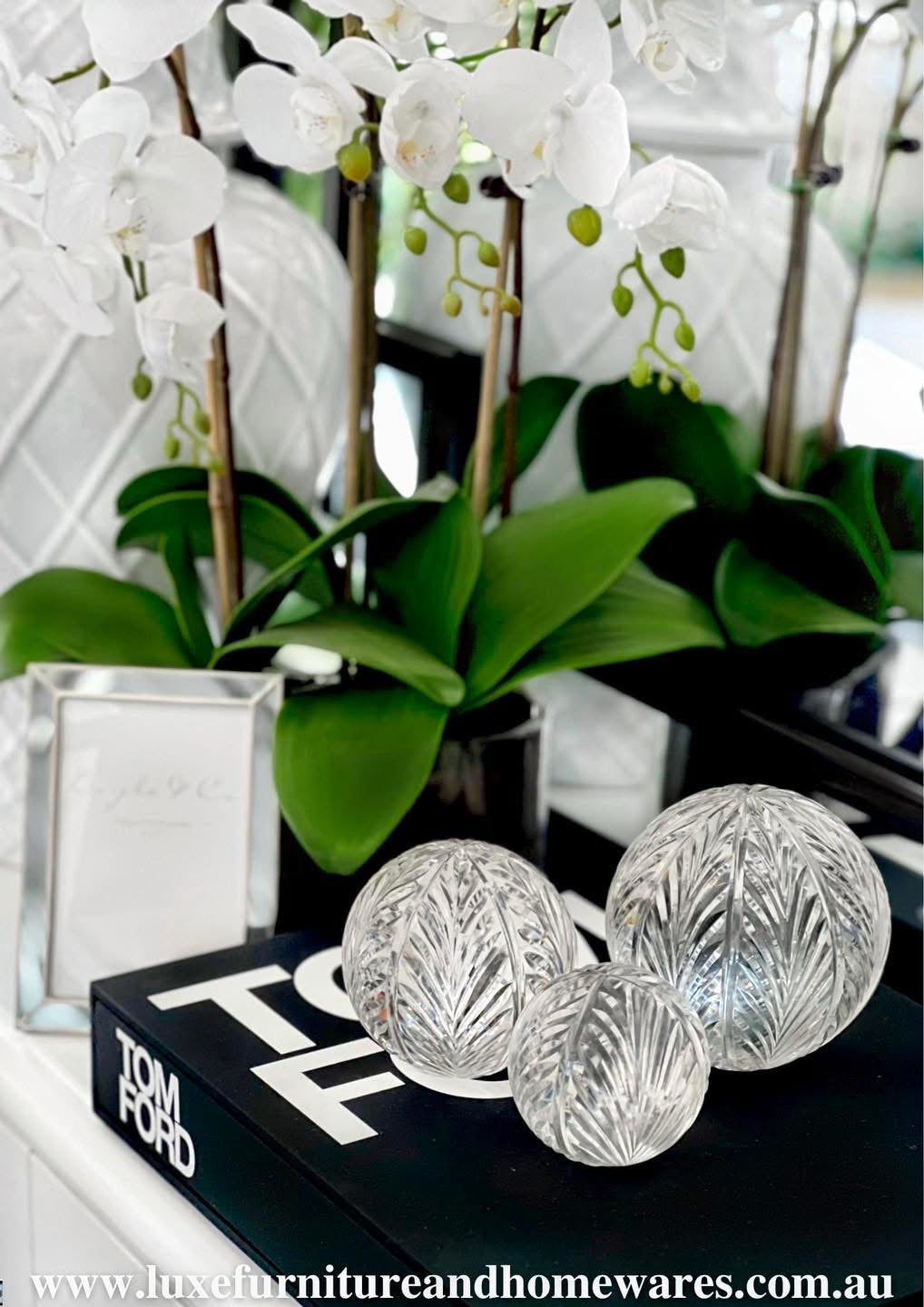 Set of Three Vine Glass Cut Spheres