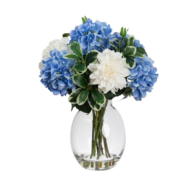 Ex Display Dahlia & Hydrangea Arrangement In Tall Glass Vase