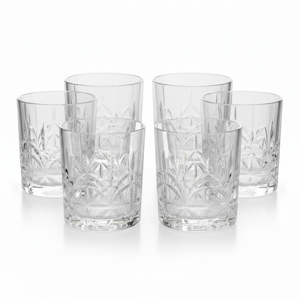 Set of Six Acrylic Crystal Cut Tumblers With Silver Rim