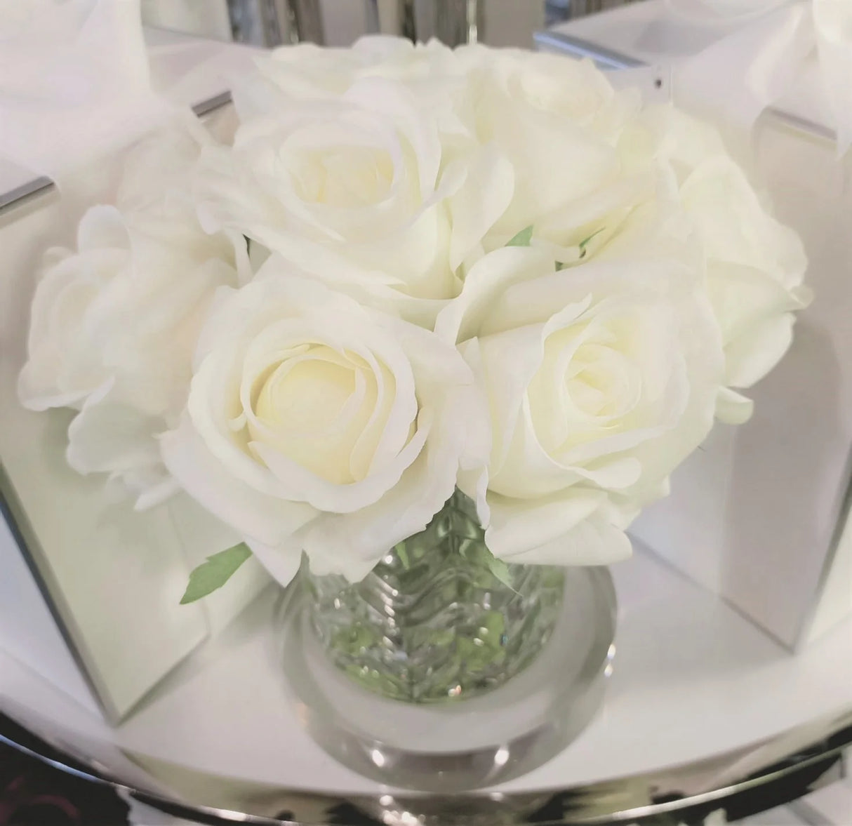 Ivory White Rose Buds In Herringbone Glass