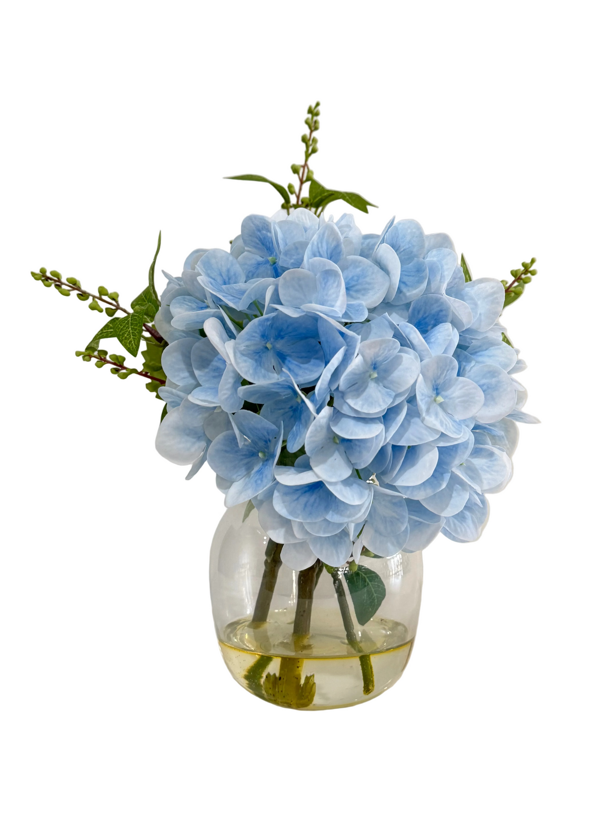 Ex-Display Small Blue Hydrangea And Berry Mix In Glass Vase