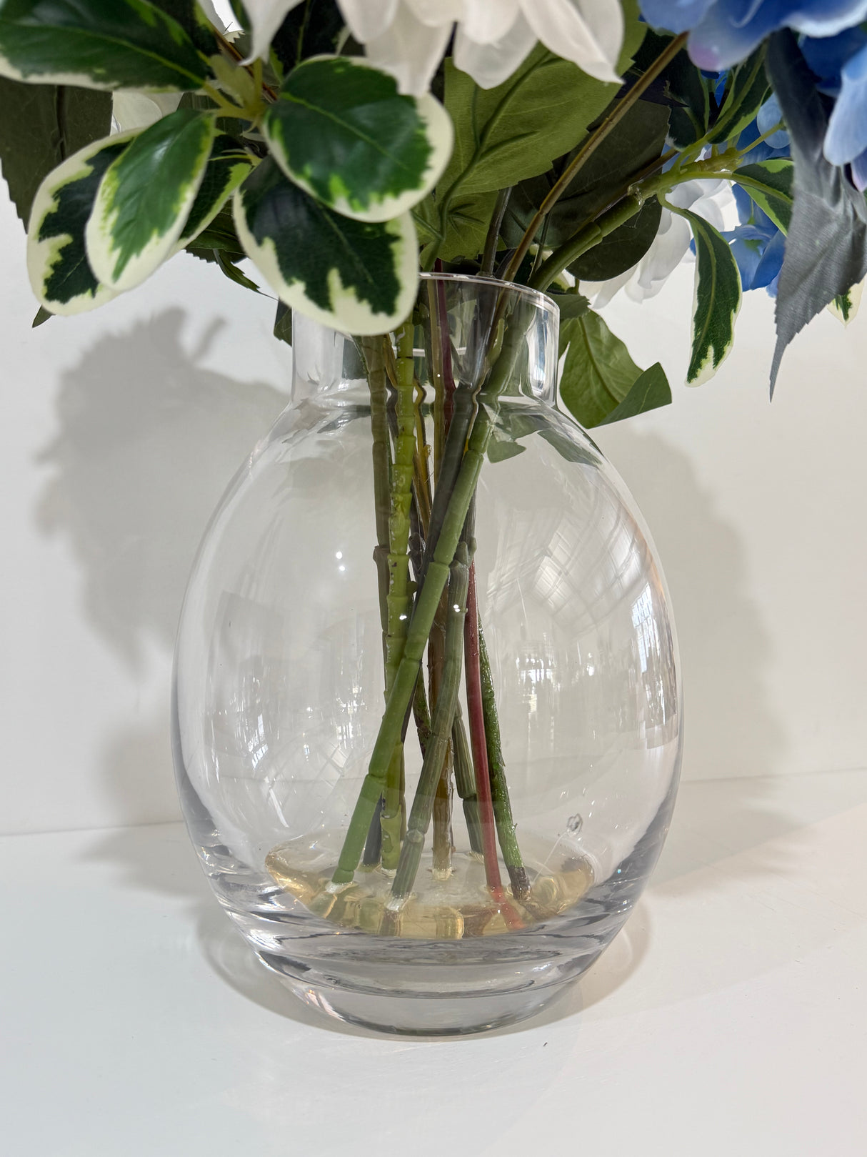 Ex-Display Dahlia & Hydrangea Arrangement In Tall Glass Vase
