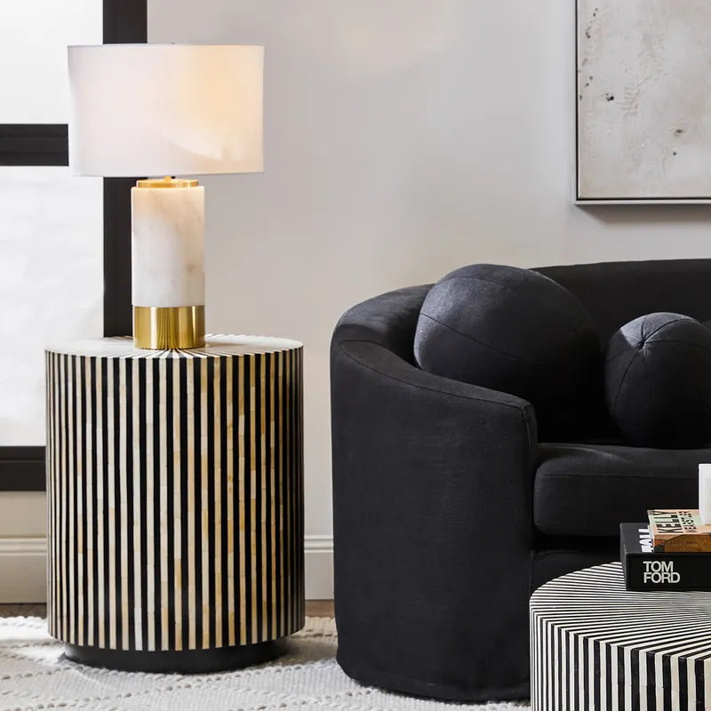 Athena Marble Table Lamp with White Linen Shade