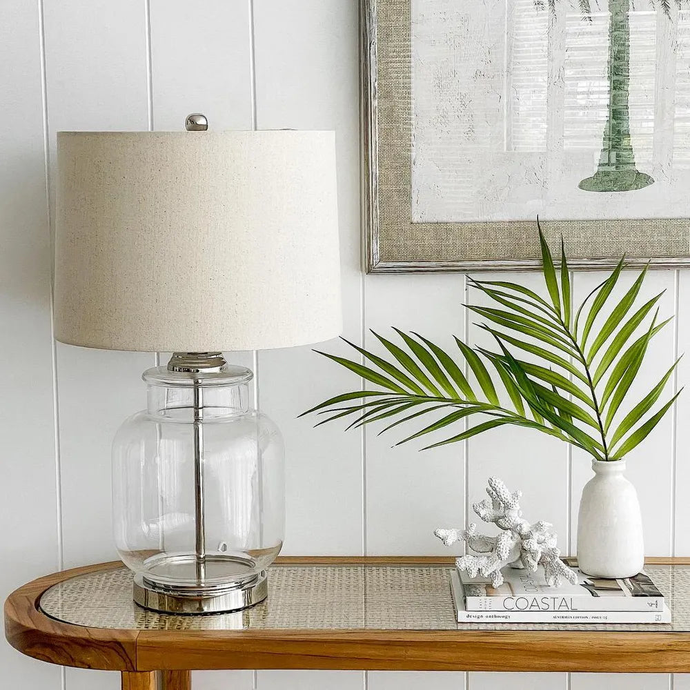 Ex Display Nickel & Glass Lamp with Natural Linen Shade