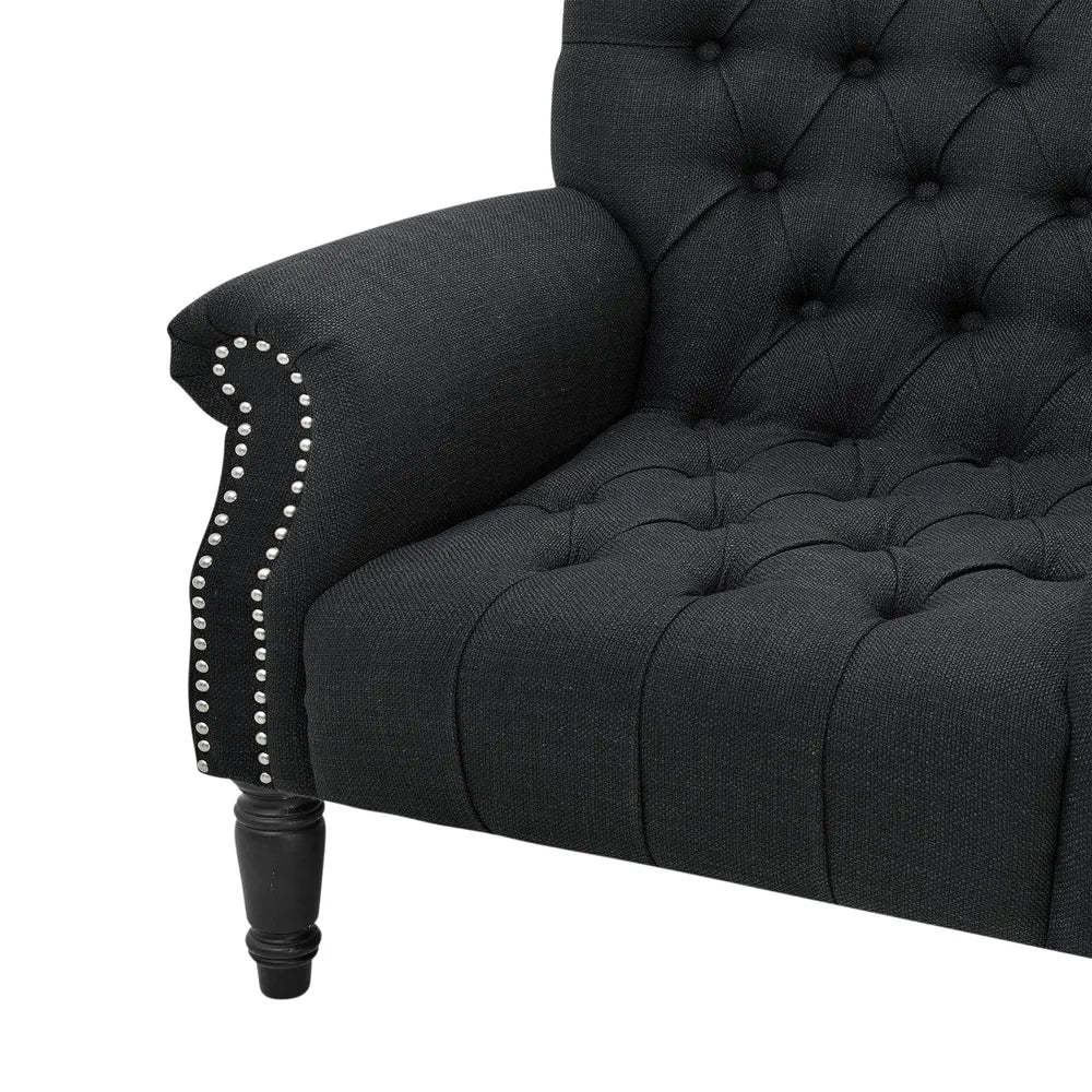Black Linen Button Tufted Armchair with Dark Stained Legs