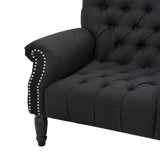 Black Linen Button Tufted Armchair with Dark Stained Legs