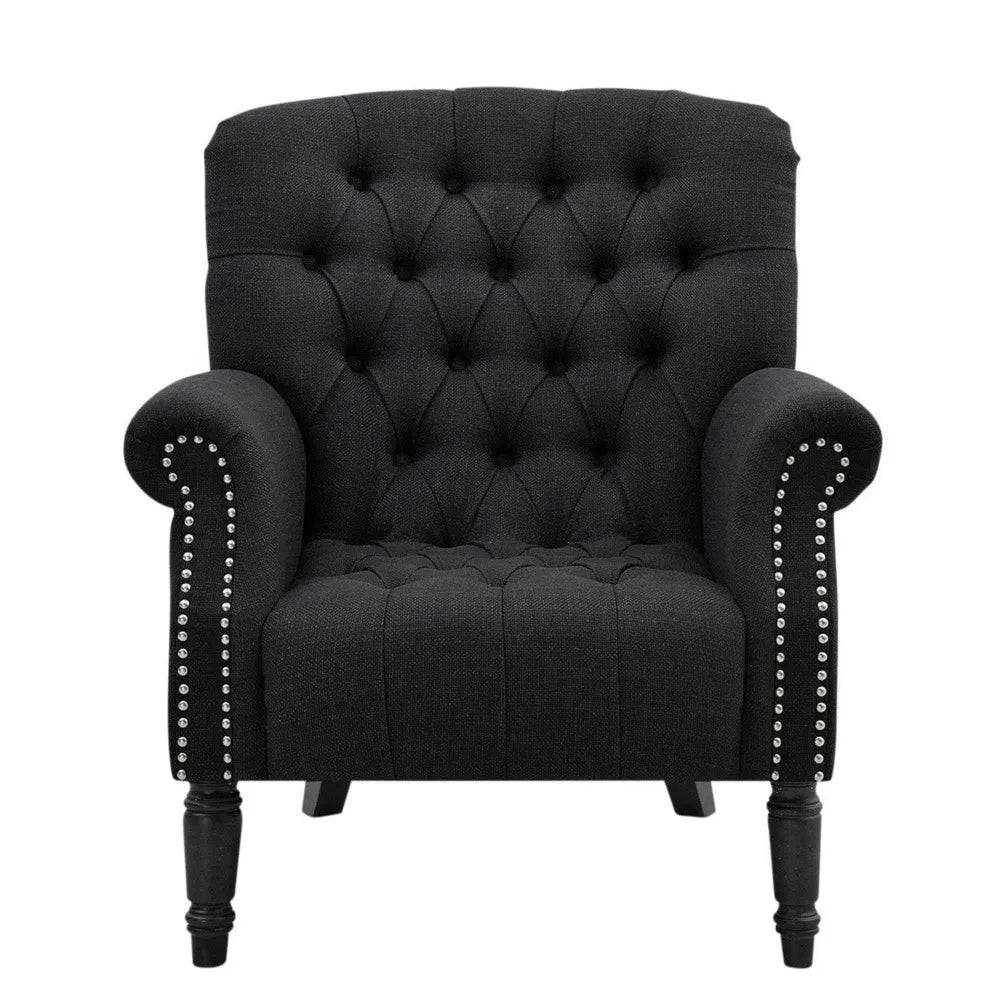 Black Linen Button Tufted Armchair with Dark Stained Legs