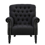 Black Linen Button Tufted Armchair with Dark Stained Legs