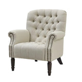 Natural Linen Button Tufted Armchair with Dark Stained Legs