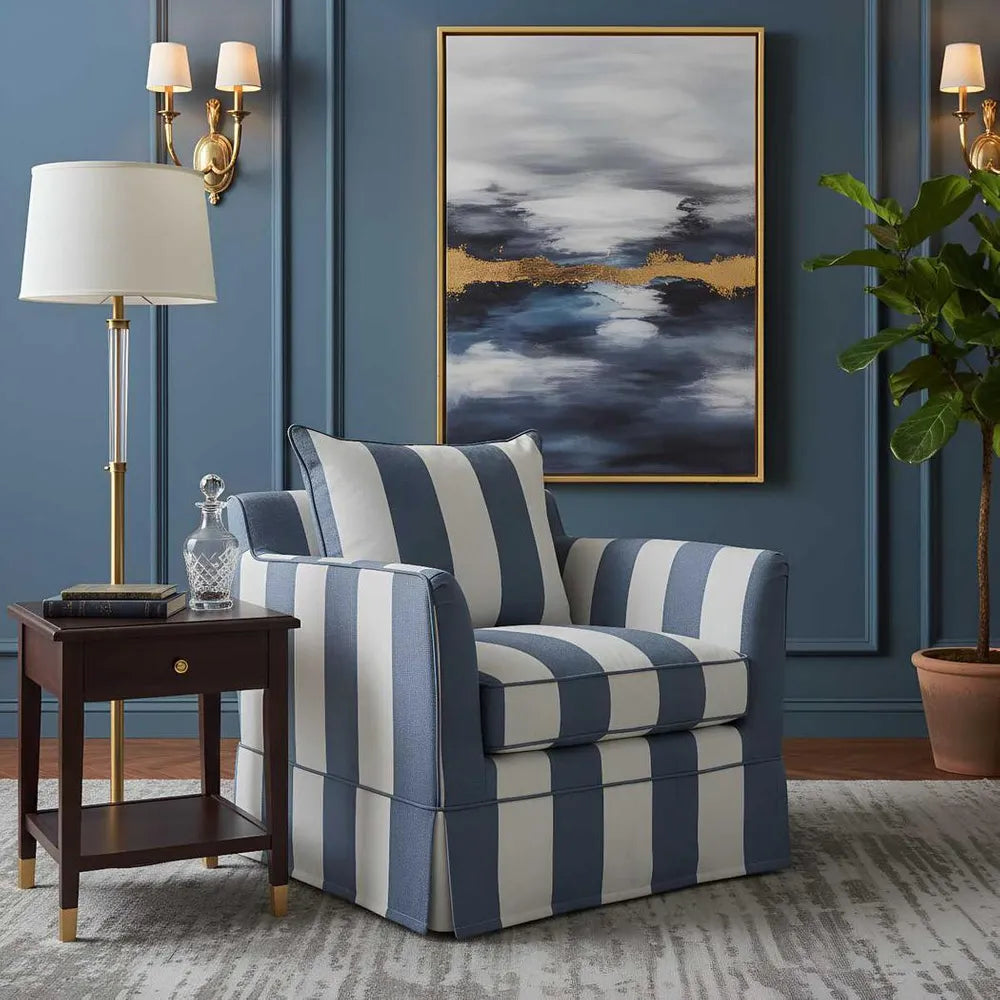 Avondale Armchair In Denim Blue Stripe with Piping