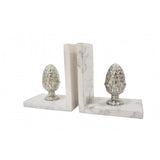 Pair Of Antique Silver Acorn & Marble Book Ends